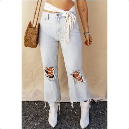 Rock your Distressed Raw Hem Jeans and Embrace Inner Fashionista! 👖✨ - Light Blue / 16 - on Sale Worldwide Shipping