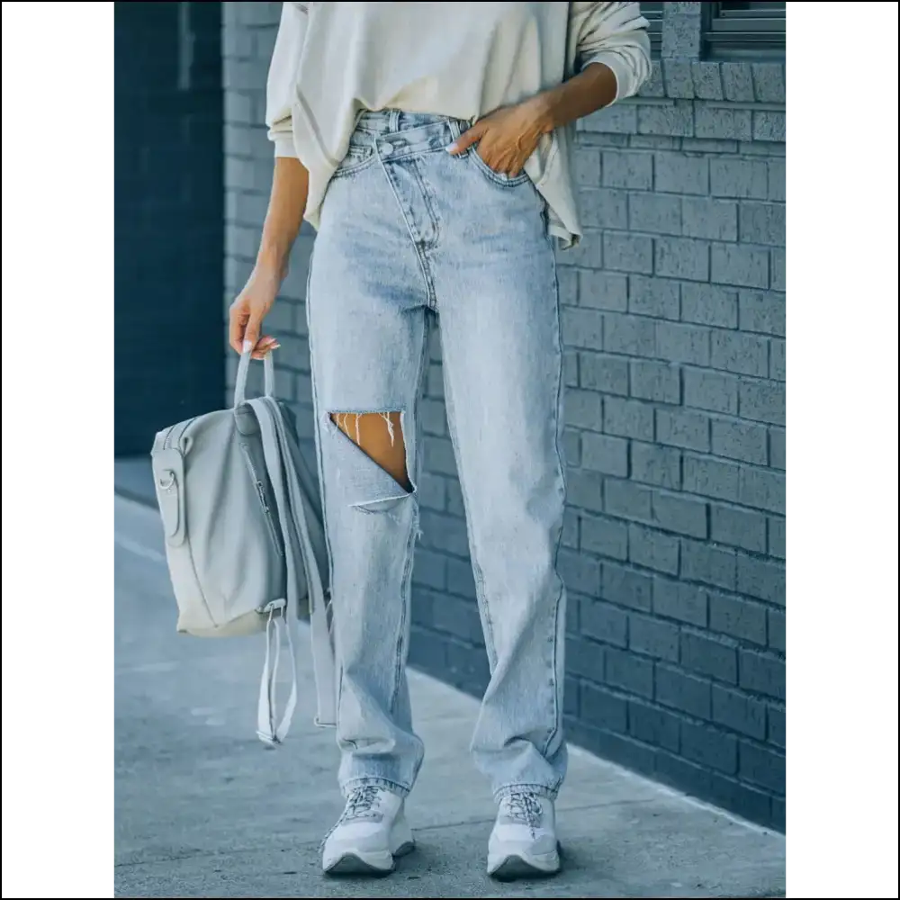 Rock your Freedom with Chic Distressed Asymmetric Waist Jeans😂✨ - Light / s - Jeans on Sale Worldwide Shipping