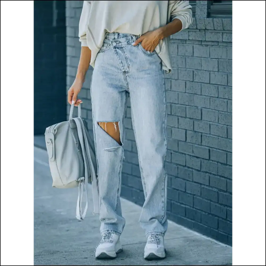 Rock your Freedom with Chic Distressed Asymmetric Waist Jeans😂✨ - Light / s - Jeans on Sale Worldwide Shipping