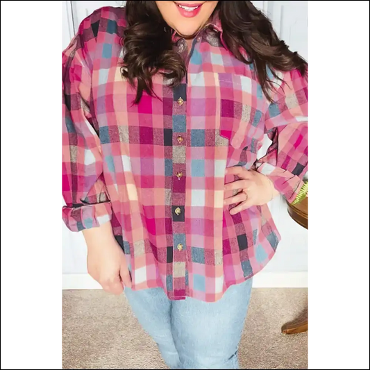 Rose Checkered Size Button-up Shirt: Curves! 🌹 Needful Things Women’s Fashion - 1x - Plus Tops on Sale Worldwide Shipping