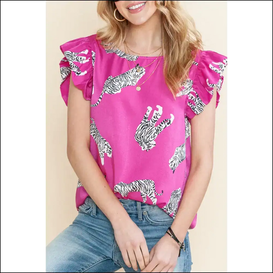 Rose Cheetah Print Ruffle Trim: Needful Things Fabulous! 🐆🌹 - s - Sleeveless Shirts Tank Tops on Sale Worldwide Shipping