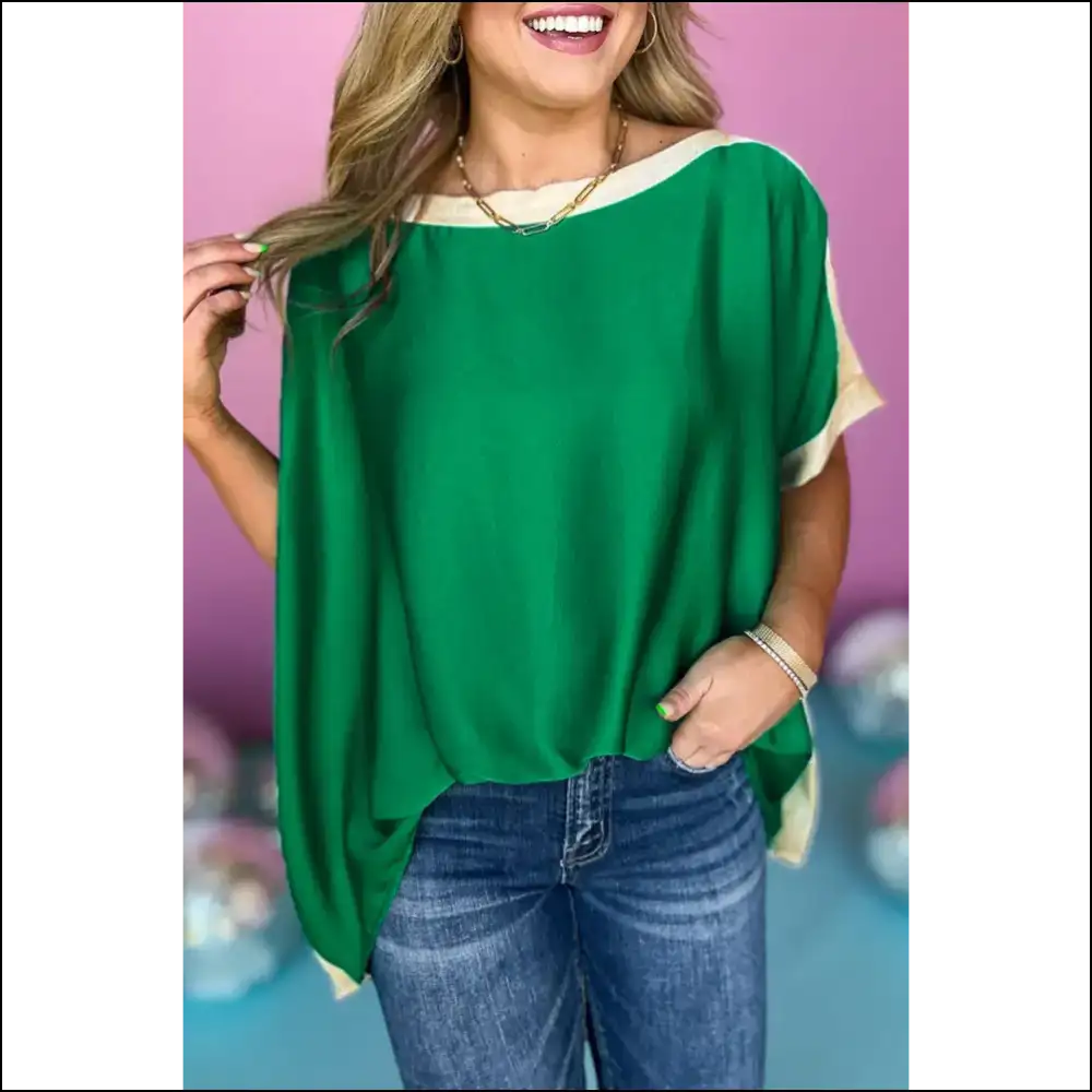 Rose Color Block Boat Neck Blouse Wardrobe Whispers - Green / s - Blouses on Sale Worldwide Shipping