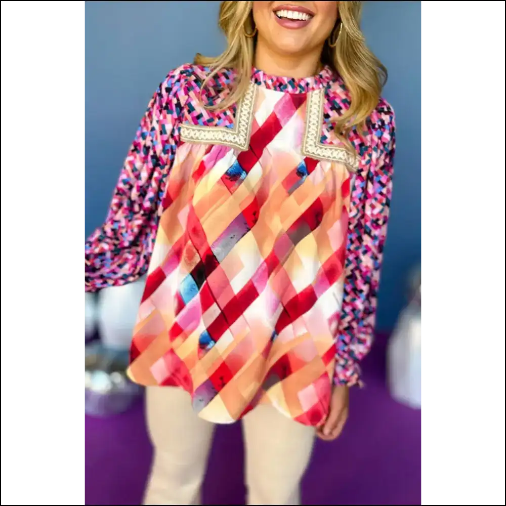 Rose Red Abstract Geometric Puff Sleeve Blouse: so Comfy It’s Scary 😈 - Blouses on Sale Worldwide Shipping