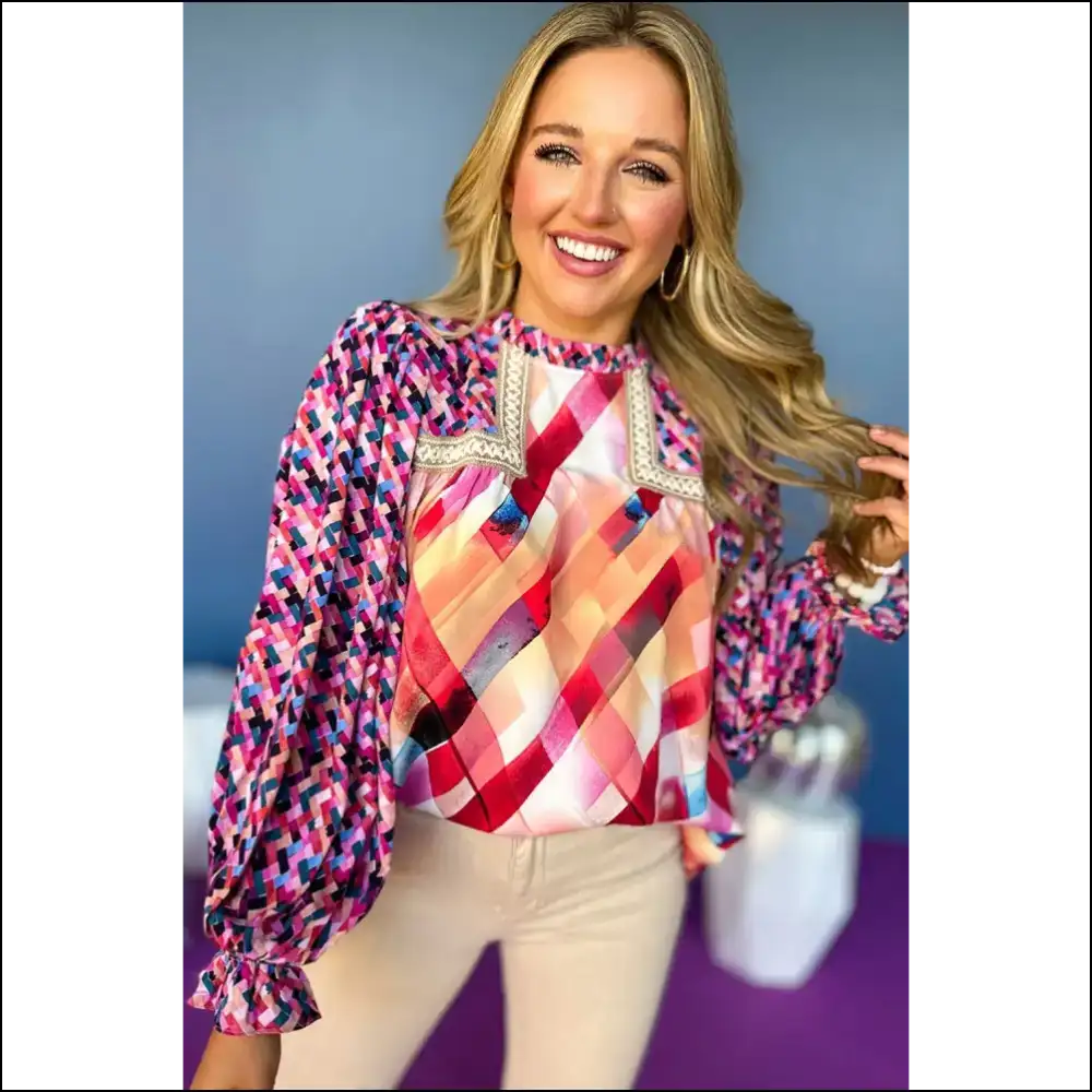 Rose Red Abstract Geometric Puff Sleeve Blouse: so Comfy It’s Scary 😈 - Blouses on Sale Worldwide Shipping