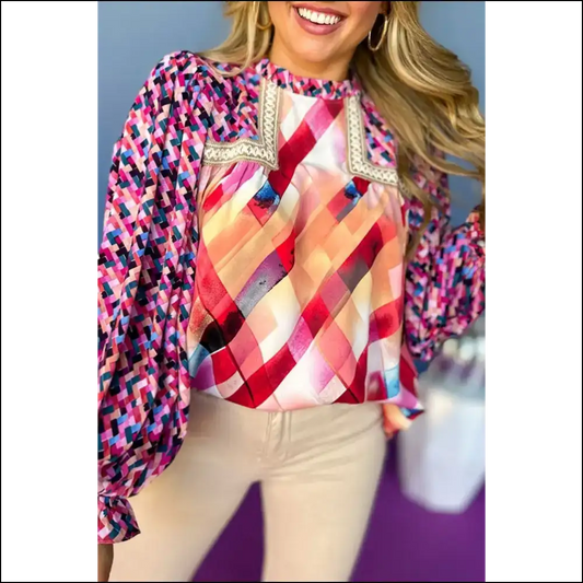 Rose Red Abstract Geometric Puff Sleeve Blouse: so Comfy It’s Scary 😈 - s - Blouses on Sale Worldwide Shipping