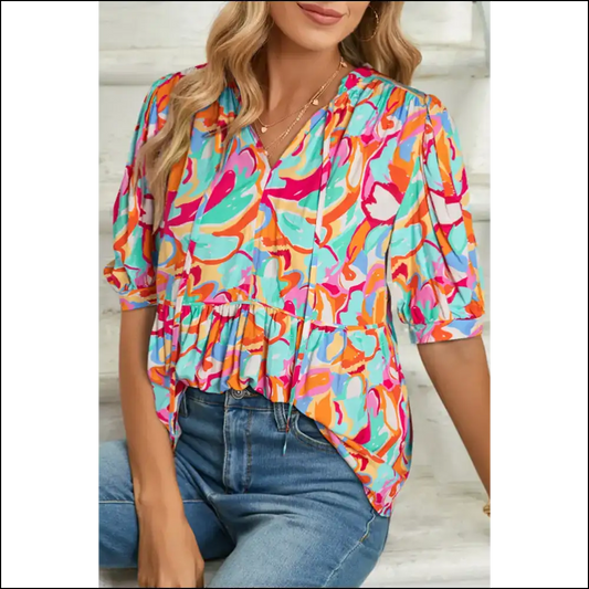 Rose Red Abstract Puff Sleeve Blouse: Prepare for Fabulousness - s - Blouses on Sale Worldwide Shipping