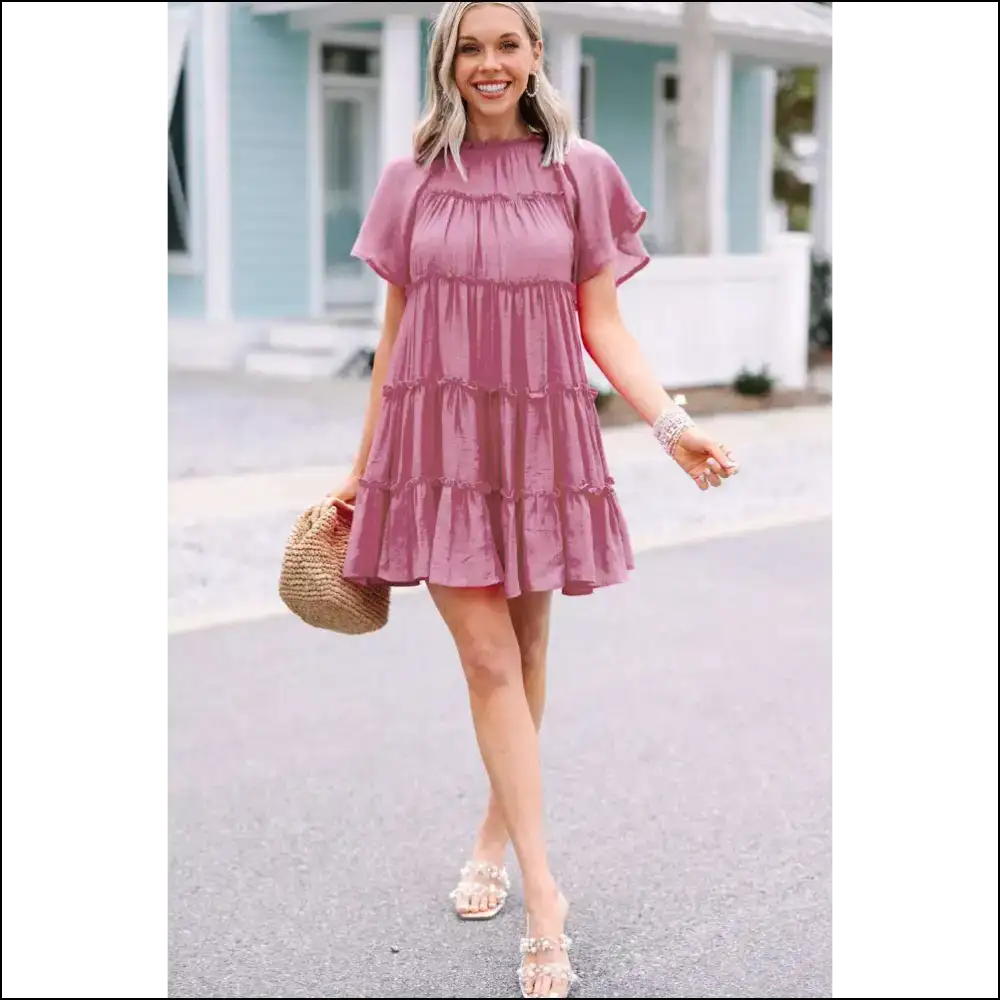 Rose Red Flounce Sleeve Mini Dress: Prepare for Goddess Level - Short Dresses on Sale Worldwide Shipping