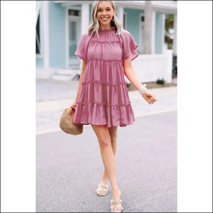 Rose Red Flounce Sleeve Mini Dress: Prepare for Goddess Level - Short Dresses on Sale Worldwide Shipping