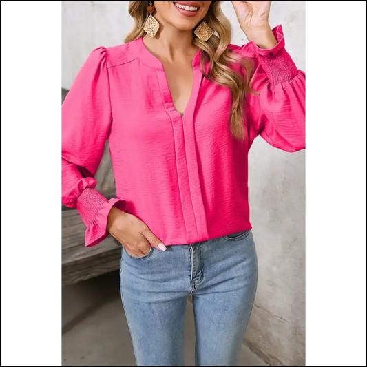 Rose Red Notch v Neck Blouse Instant Diva - s - Blouses on Sale Worldwide Shipping