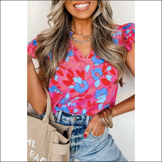 Rose Red Ruffled Floral Blouse: Warning May Cause Excessive Flirting 😉 - Blouses on Sale Worldwide Shipping