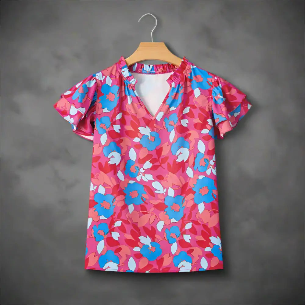 Rose Red Ruffled Floral Blouse: Warning May Cause Excessive Flirting 😉 - s - Blouses on Sale Worldwide Shipping