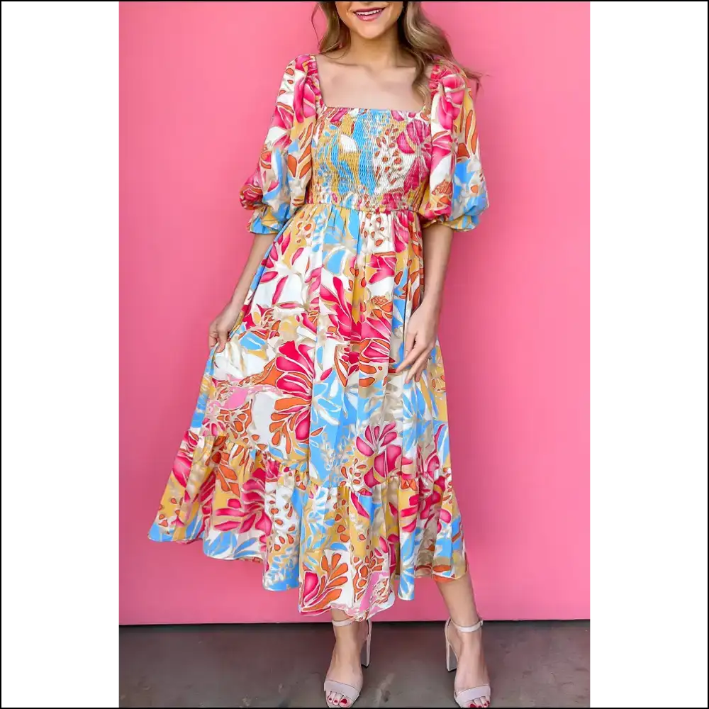 Rose Red Tropical Dress: Smockin Hot not Chokin on Style 🔥 - s - Midi Dresses on Sale Worldwide Shipping