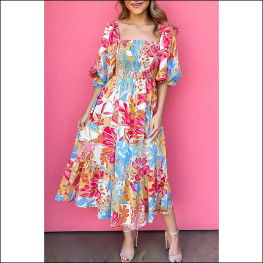 Rose Red Tropical Dress: Smockin Hot not Chokin on Style 🔥 - s - Midi Dresses on Sale Worldwide Shipping