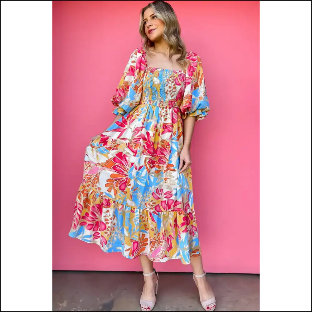 Rose Red Tropical Dress: Smockin Hot not Chokin on Style 🔥 - Midi Dresses on Sale Worldwide Shipping