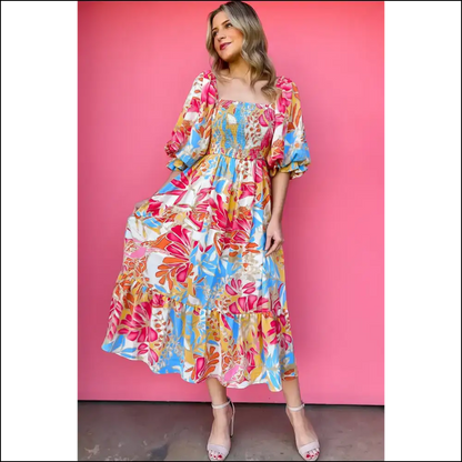 Rose Red Tropical Dress: Smockin Hot not Chokin on Style 🔥 - Midi Dresses on Sale Worldwide Shipping