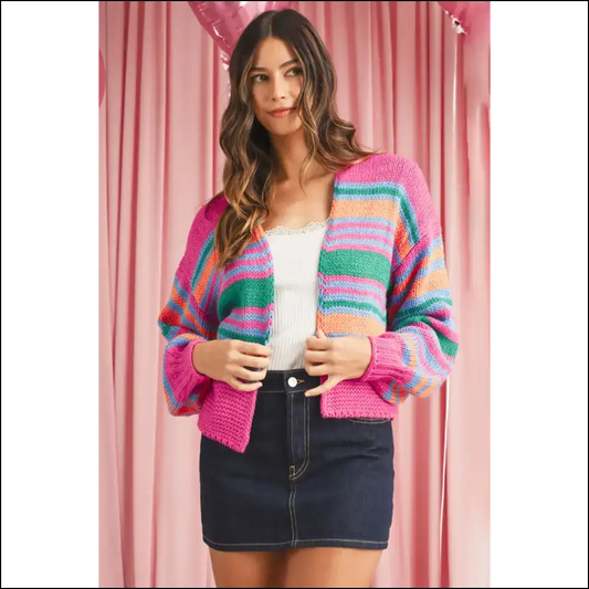 Rose Striped Puff Sleeve Cardigan: Comfy (needful Things) 🌹 - s - Cardigans on Sale Worldwide Shipping