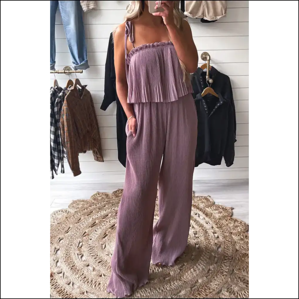 Rose Tan Jumpsuit: Straps Pleated Wide Leg Queen Vibes 👑 - s - Jumpsuits & Rompers on Sale Worldwide Shipping