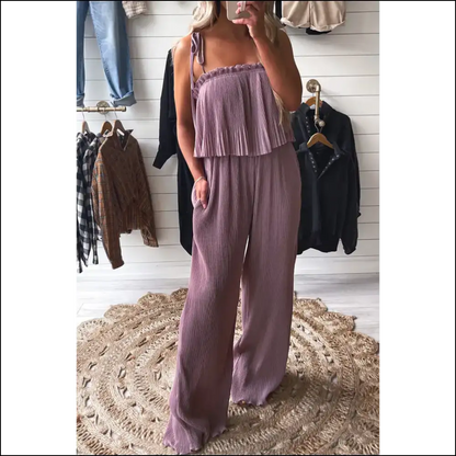 Rose Tan Jumpsuit: Straps Pleated Wide Leg Queen Vibes 👑 - s - Jumpsuits & Rompers on Sale Worldwide Shipping