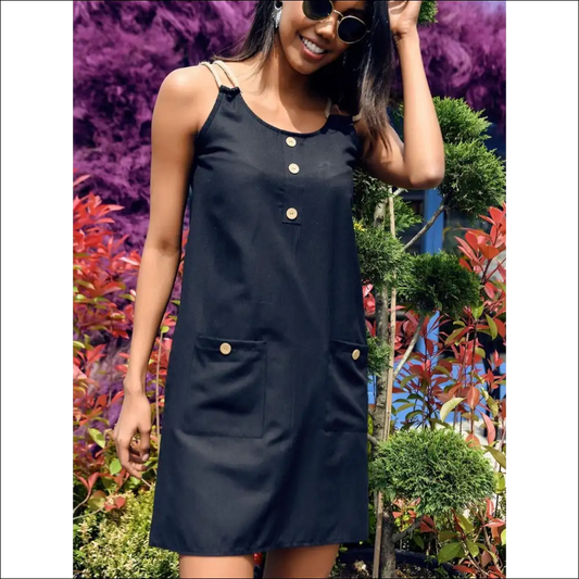 Chic Round Neck Double Spaghetti Straps Mini Dress - Black / s - Dresses on Sale Worldwide Shipping