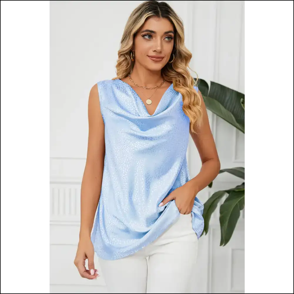 Ruched Cowl Neck Tank Top - Elegant & Chic - Light Blue / s - Tops on Sale Worldwide Shipping