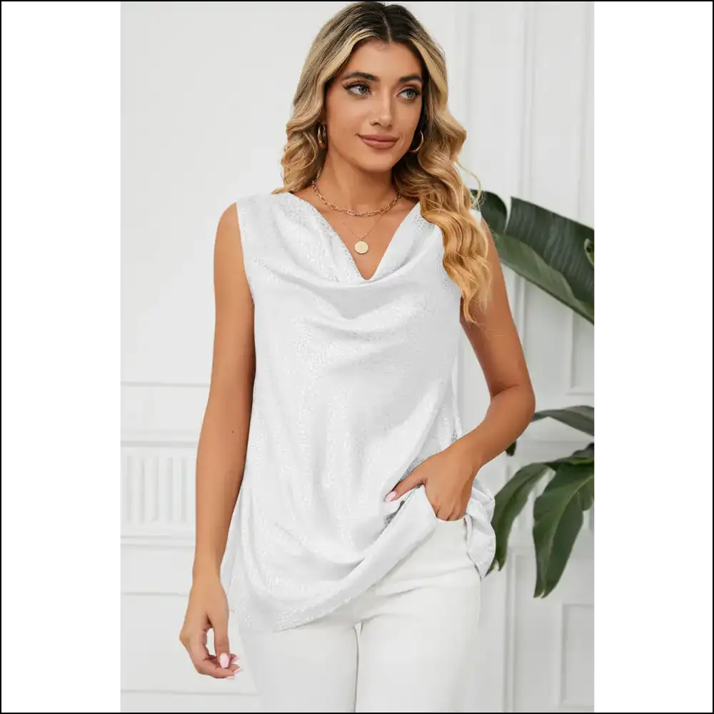 Ruched Cowl Neck Tank Top - Elegant & Chic - White / s - Tops on Sale Worldwide Shipping