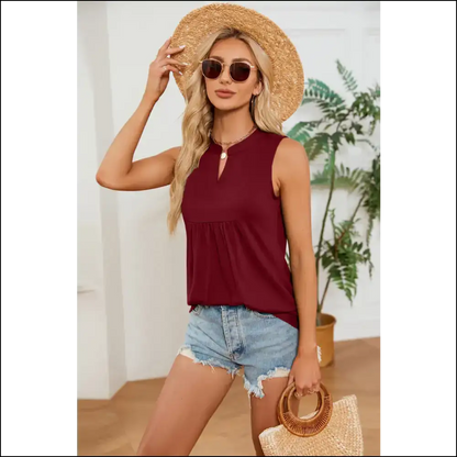 Ruched Notched Tank Top - Chic & Stylish - Burgundy / s - Tops on Sale Worldwide Shipping
