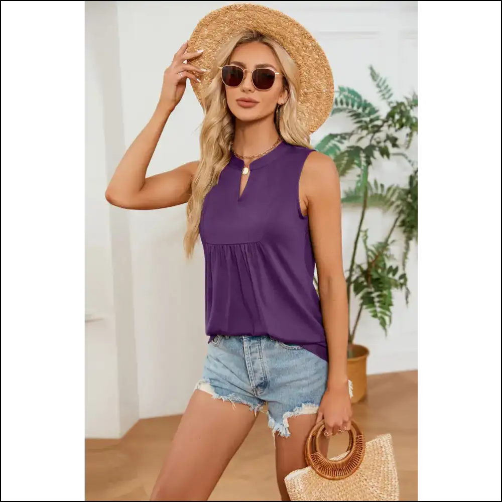 Ruched Notched Tank Top - Chic & Stylish - Lavender / s - Tops on Sale Worldwide Shipping