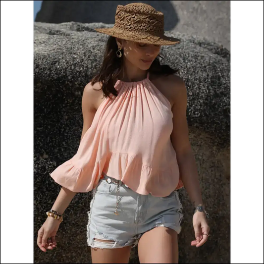 Ruched Peplum Round Neck Tank Top - Blush Pink / s - Tops on Sale Worldwide Shipping