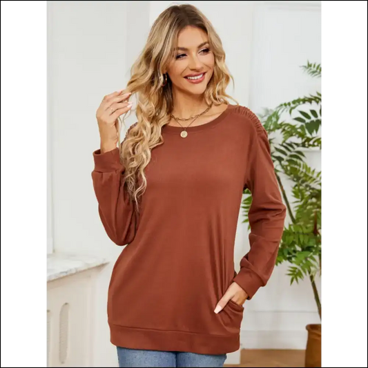 Ruched Shoulder Chic Round Neck Long Sleeve Sweatshirt - Caramel / l - Sweatshirts & Hoodies on Sale Worldwide Shipping