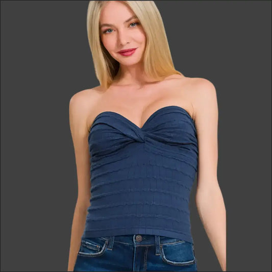 Ruched Twisted Sweetheart Neck Top - Navy / s - Tank Tops on Sale Worldwide Shipping