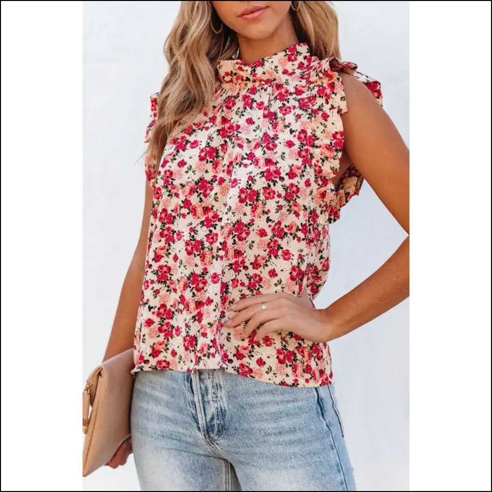 Ruffled Mock Neck Mayhem: Arm Day Optional 😈 Needful Things - Red / s - Sleeveless Shirts Tank Tops on Sale Worldwide Shipping