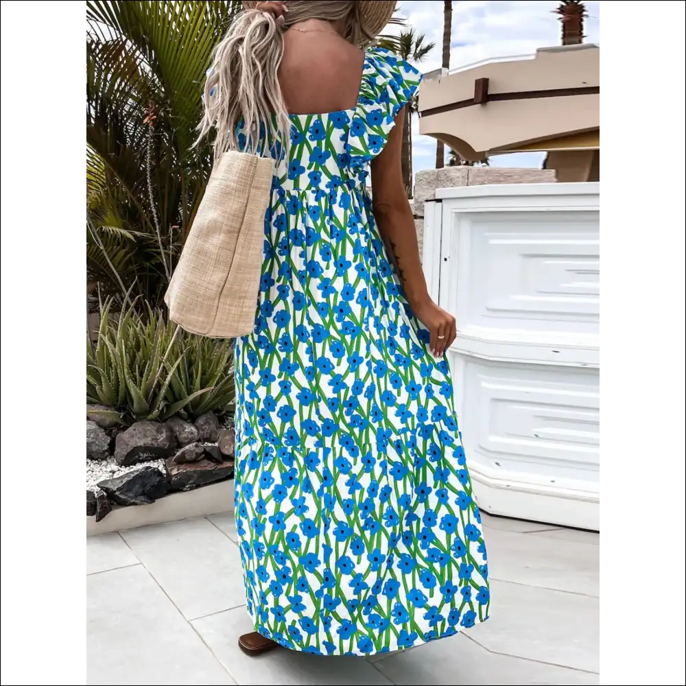 Ruffled Printed Cap Sleeve Midi Dress - Dresses on Sale Worldwide Shipping