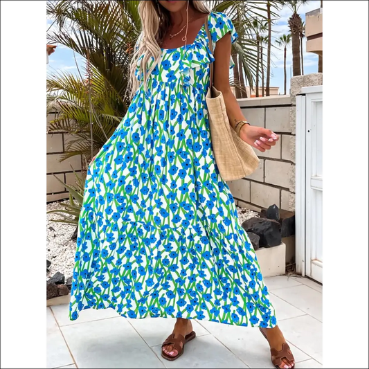 Ruffled Printed Cap Sleeve Midi Dress - Teal / s - Dresses on Sale Worldwide Shipping