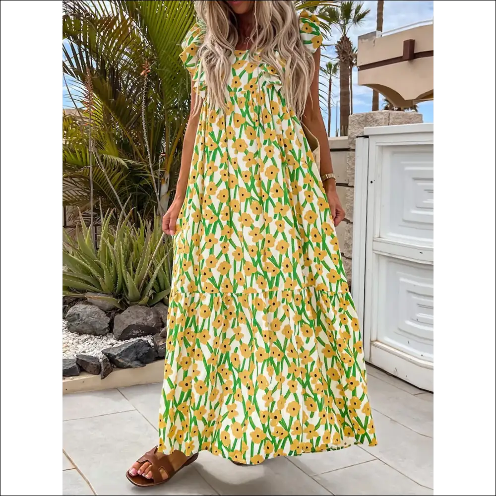 Ruffled Printed Cap Sleeve Midi Dress - Yellow / s - Dresses on Sale Worldwide Shipping