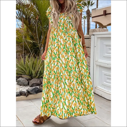Ruffled Printed Cap Sleeve Midi Dress - Yellow / s - Dresses on Sale Worldwide Shipping