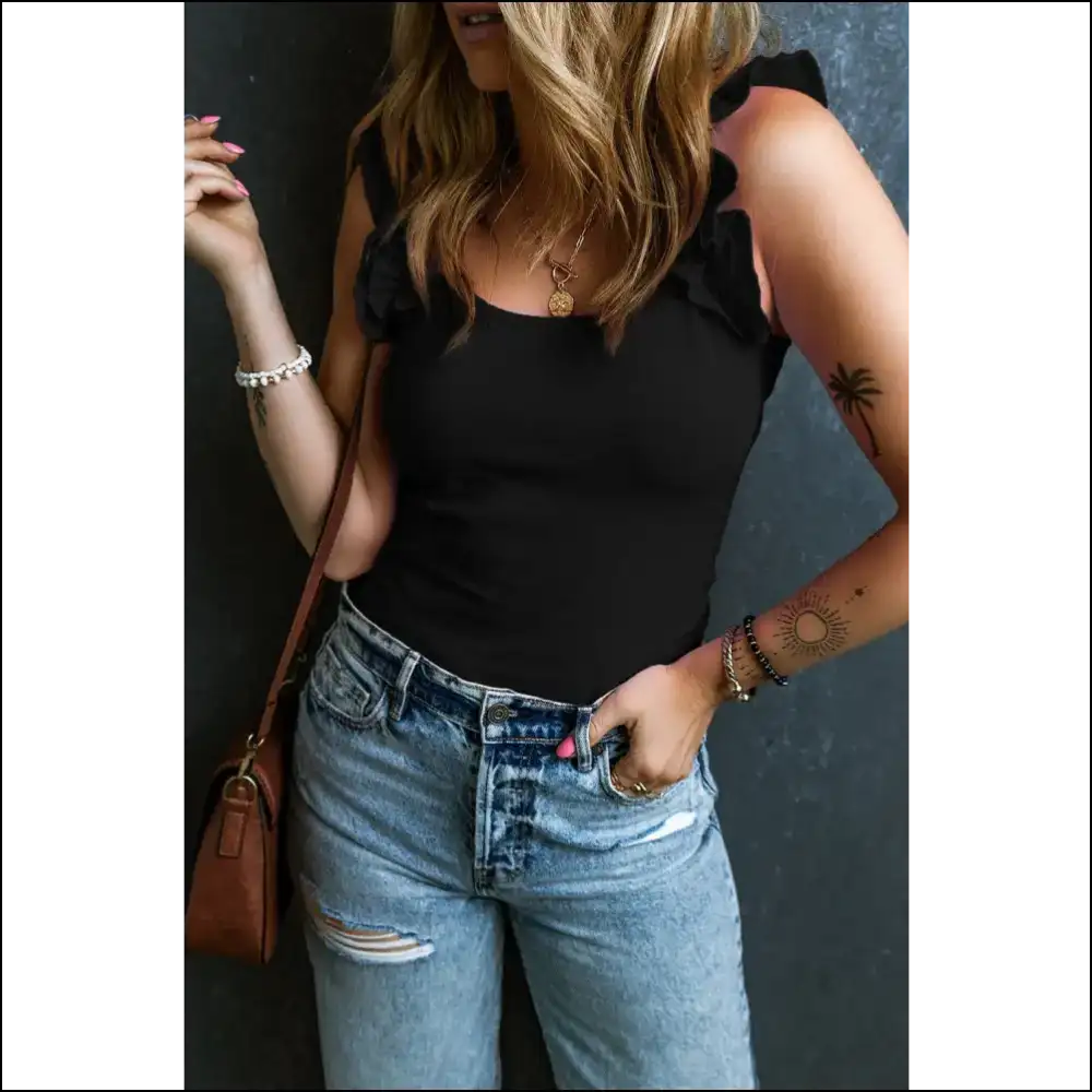 Ruffled Round Neck Tank Top - Black / s - Tops on Sale Worldwide Shipping