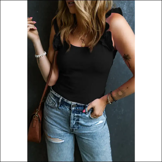Ruffled Round Neck Tank Top - Black / s - Tops on Sale Worldwide Shipping