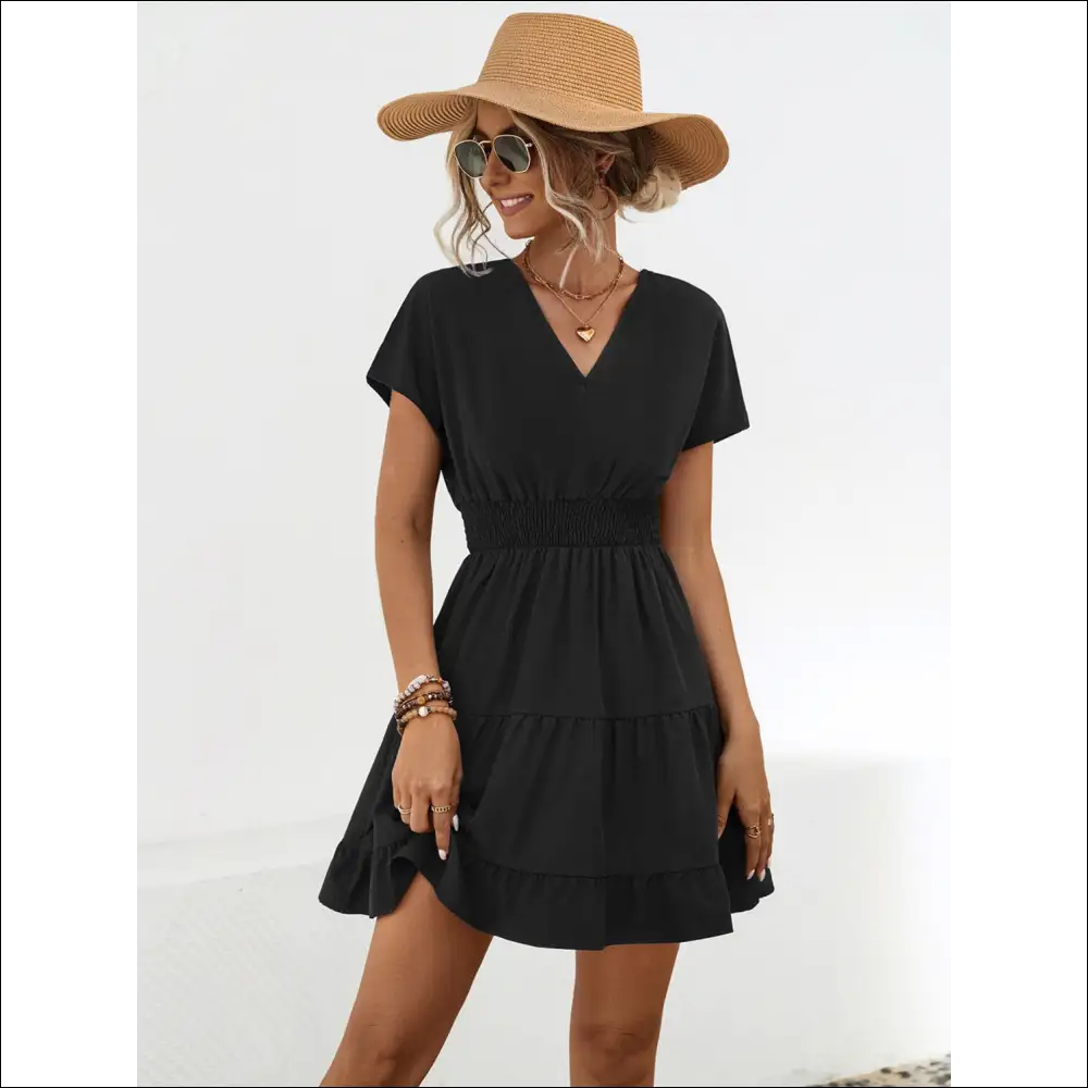 Ruffled Smocked V-neck Tiered Dress - Black / Xl - Dresses on Sale Worldwide Shipping