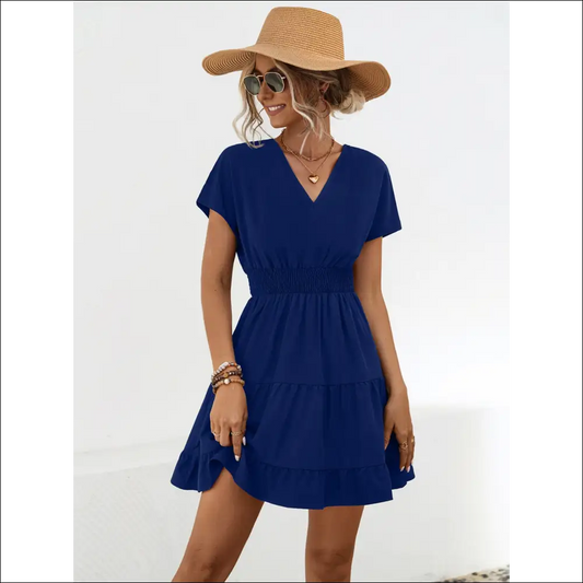 Ruffled Smocked V-neck Tiered Dress - Dark Blue / s - Dresses on Sale Worldwide Shipping