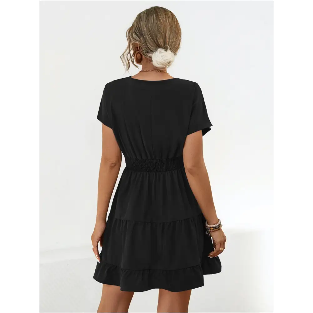 Ruffled Smocked V-neck Tiered Dress - Dresses on Sale Worldwide Shipping