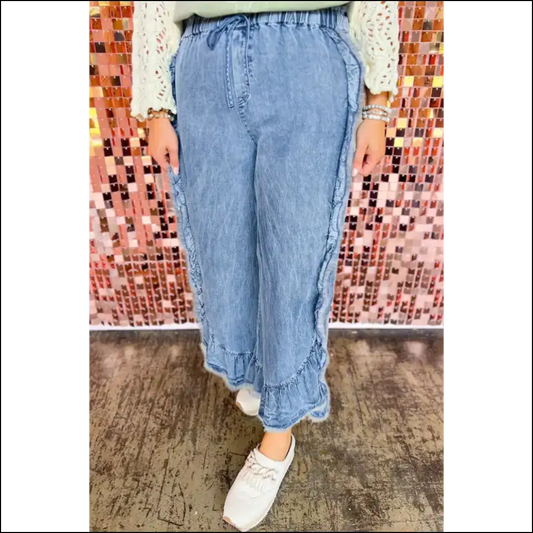 Ruffled Trim Jeans: Bootylicious Blue Jeans Needful Things! 🍑 - 1x - on Sale Worldwide Shipping