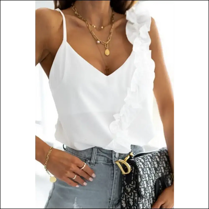 Ruffled V-neck Cami: Chic Elegance Awaits You! - Tank Tops on Sale Worldwide Shipping
