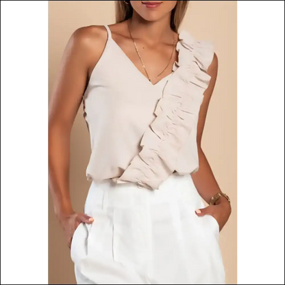 Ruffled V-neck Cami: Chic Elegance Awaits You! - Tan / Xl - Tank Tops on Sale Worldwide Shipping