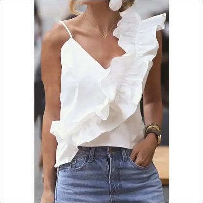 Ruffled V-neck Cami: Chic Elegance Awaits You! - White / s - Tank Tops on Sale Worldwide Shipping