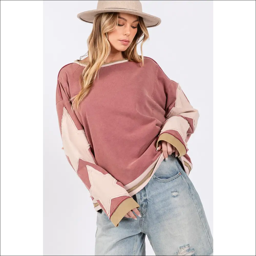 Sage + Fig Chic Star Applique Patch Sweatshirt - Dusty Pink / l - Sweatshirts & Hoodies on Sale Worldwide Shipping
