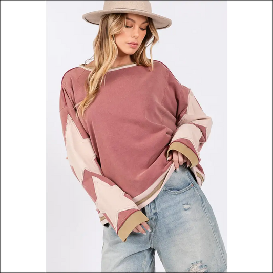Sage + Fig Chic Star Applique Patch Sweatshirt - Dusty Pink / l - Sweatshirts & Hoodies on Sale Worldwide Shipping