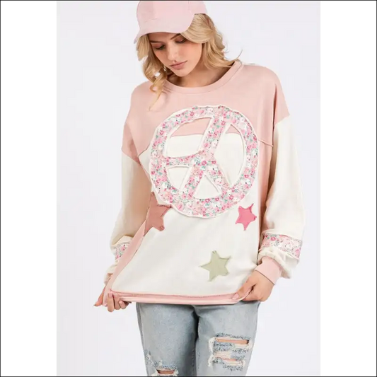 Sage + Fig Peace & Star Patch Sweatshirt - Blush Pink / m - Sweatshirts Hoodies on Sale Worldwide Shipping