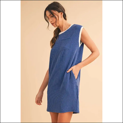 Sail Blue Cap Sleeve Ribbed T-shirt Dress: Undeniably Charming 💙 - Short Dresses on Sale Worldwide Shipping