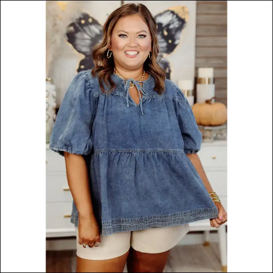 Sail Blue Puff Sleeve Denim: Curves Ahoy! ⚓ Needful Things - 1x - Plus Size Tops on Sale Worldwide Shipping