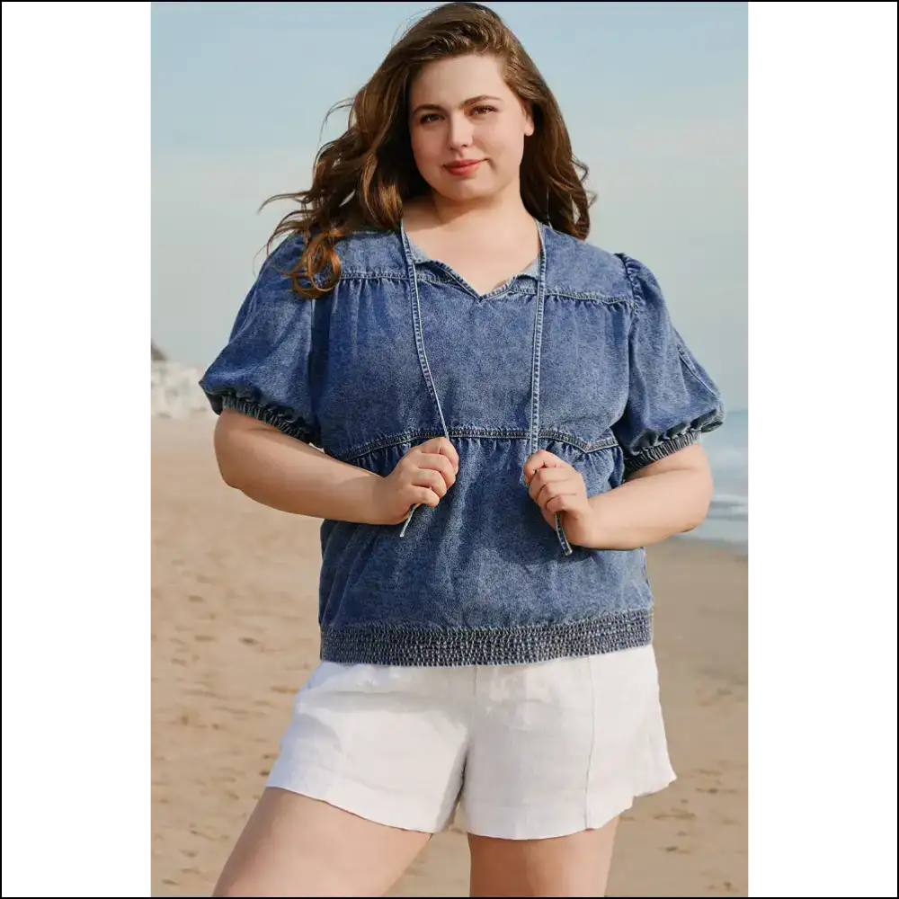 Sail Blue Puff Sleeve Denim: Curves Ahoy! ⚓ Needful Things - Plus Size Tops on Sale Worldwide Shipping